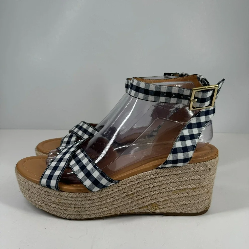J.Crew Women's US 8.5 Navy Blue Gingham Flatform Espadrille Wedge Sandals L4669